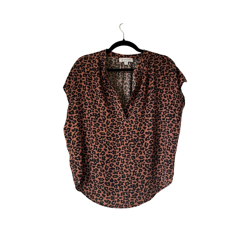 Amour Vert Renata Leopard Print Silk Blouse Cap Sleeve Split-Neck Blouse Sz S